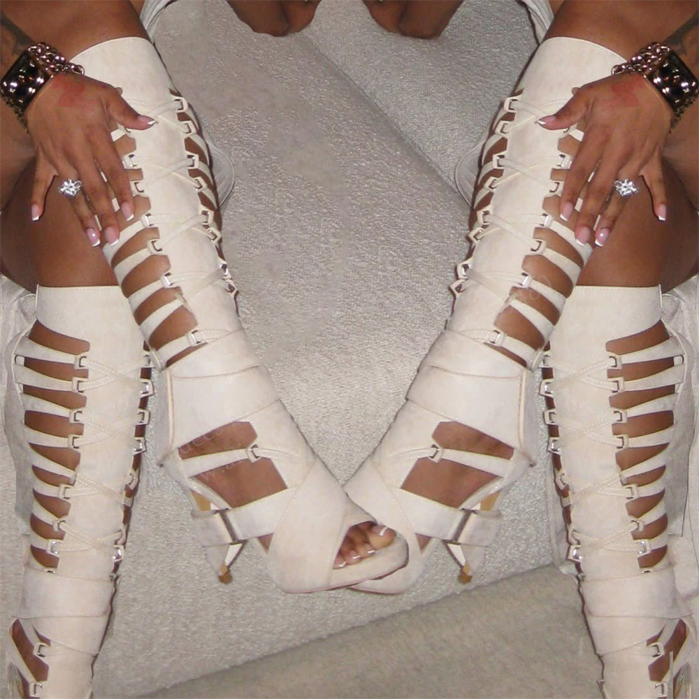 Gladiator Sandal Women - Gladiatorowe kozaki za kolano z paskami